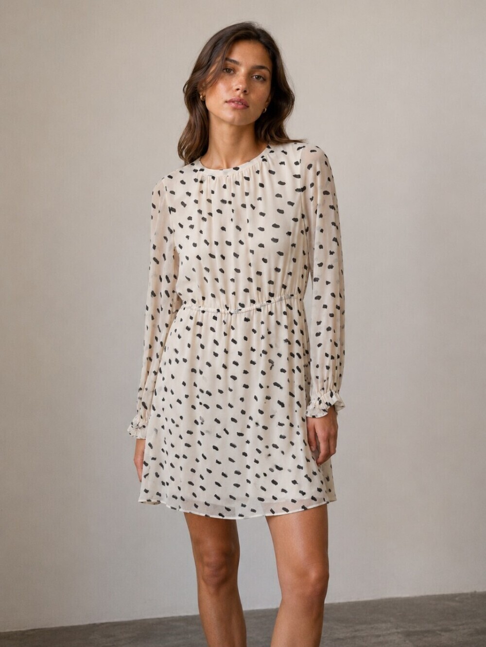 H&M Cream & Black Polka Dot Mini Dress Size 36 | Long Sleeve A-Line Dress